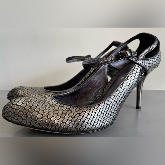 VIA SPIGA METALLIC LEATHER MARY JANE ANKLE STRAP HEELS SILVER, SZ 8.5 - Picture 7 of 14